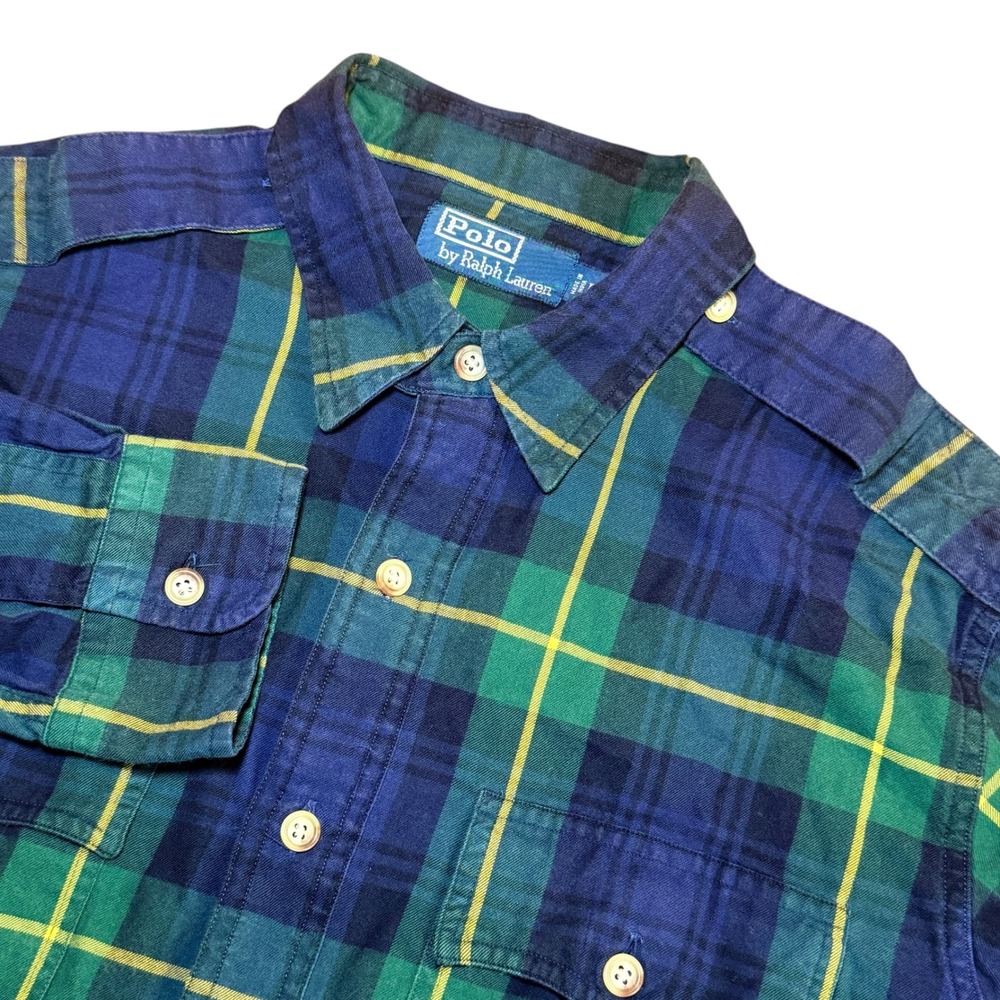 Polo Ralph Lauren Mens L Green Navy Plaid Button Up Shirt Epaulettes Long Sleeve